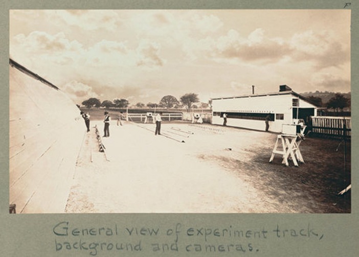 Eadweard Muybridge General view of experiment track background and cameras at Palo Alto California 1881